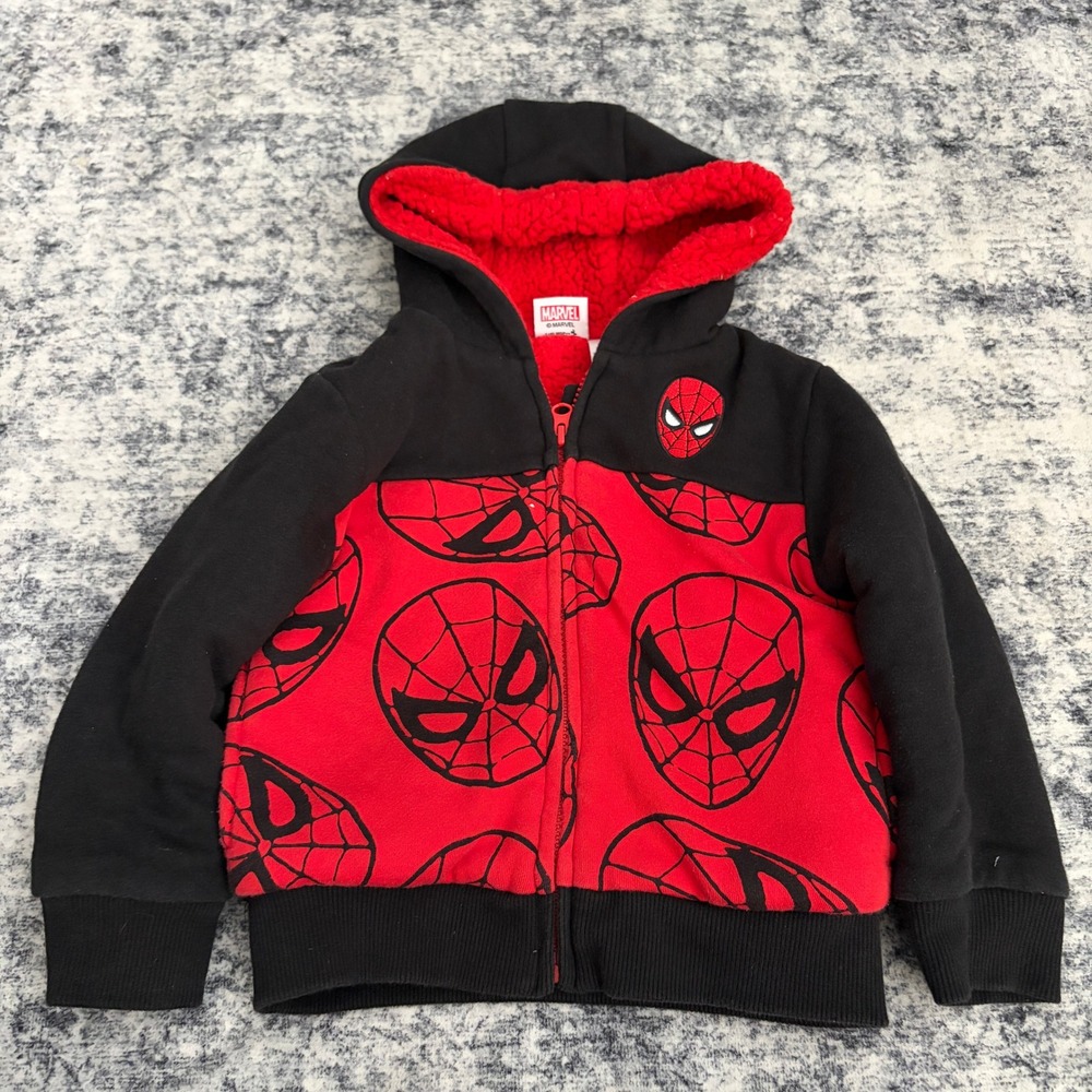 Marvel Spider-Man Sherpa Lined Zip Up Hoodie Toddler Boy 3T Red Black Superhero
